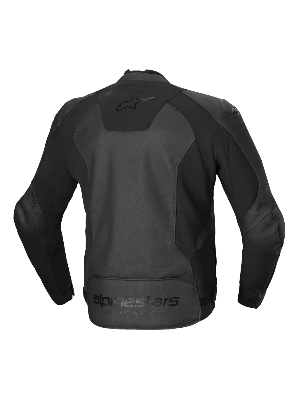 Alpinestars Giacca In Pelle Faster V3, giacca da moto sportiva da uomo, vista posteriore in nero, certificata CE classe AA con pannelli elasticizzati HRSF avanzati