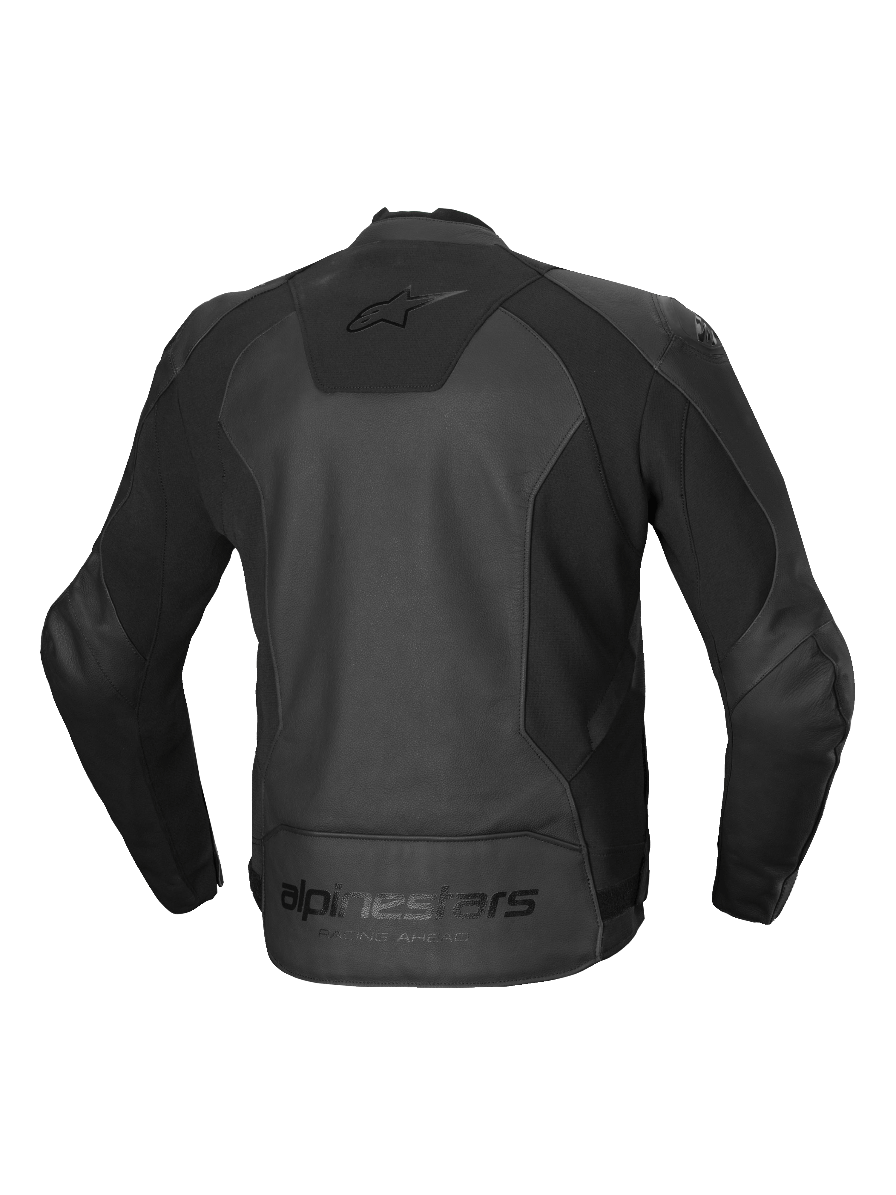 Alpinestars Giacca In Pelle Faster V3, giacca da moto sportiva da uomo, vista posteriore in nero, certificata CE classe AA con pannelli elasticizzati HRSF avanzati