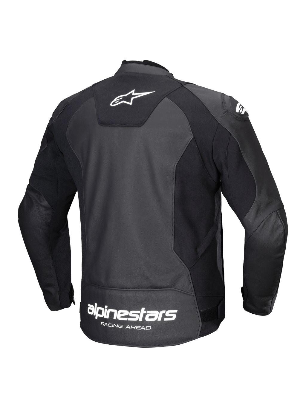 Alpinestars Giacca In Pelle Faster V3, giacca da moto sportiva da uomo, vista posteriore, nera e bianca, in pelle resistente con pannelli elasticizzati e marchio sulla schiena