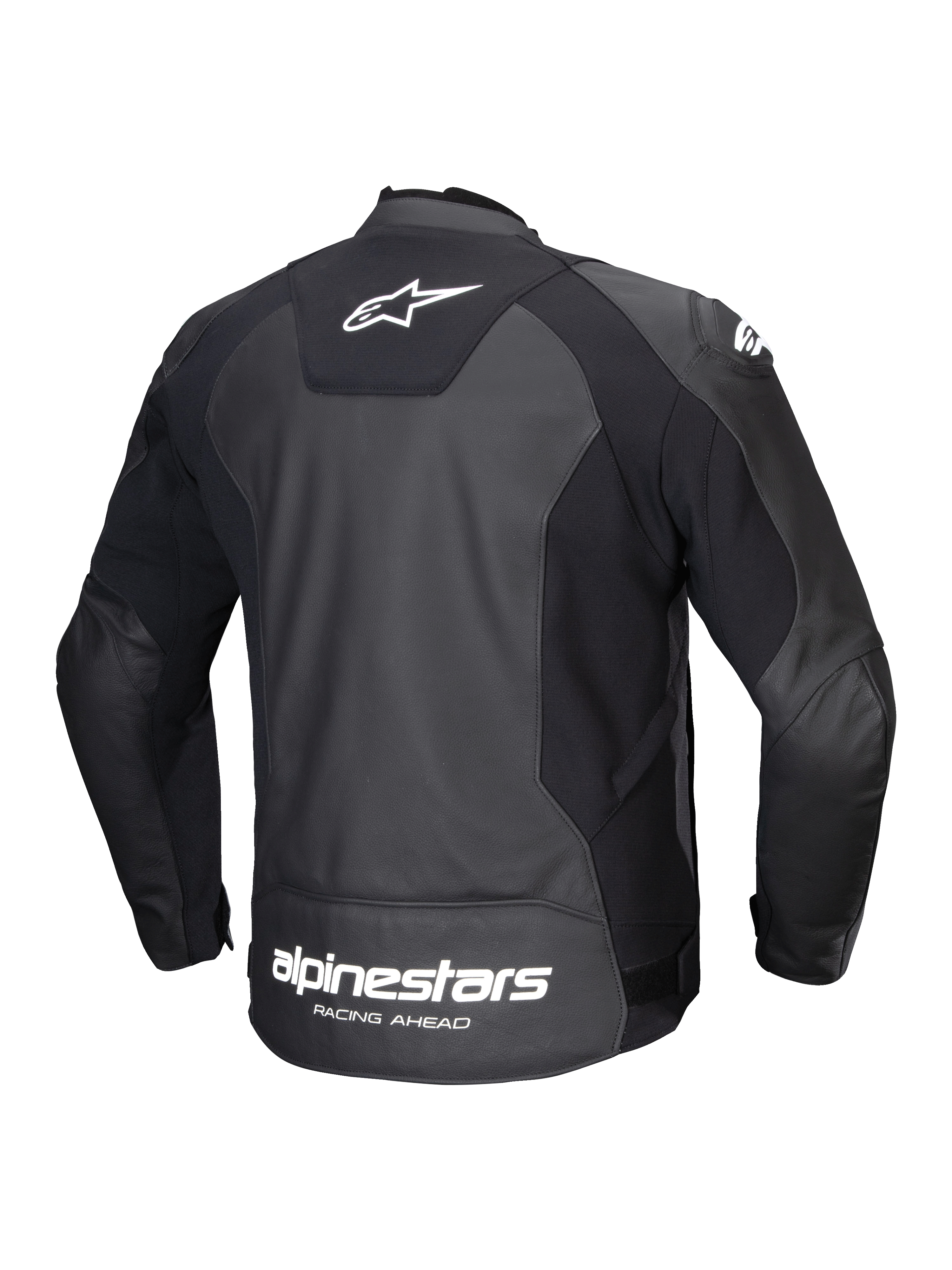Alpinestars Giacca In Pelle Faster V3, giacca da moto sportiva da uomo, vista posteriore, nera e bianca, in pelle resistente con pannelli elasticizzati e marchio sulla schiena