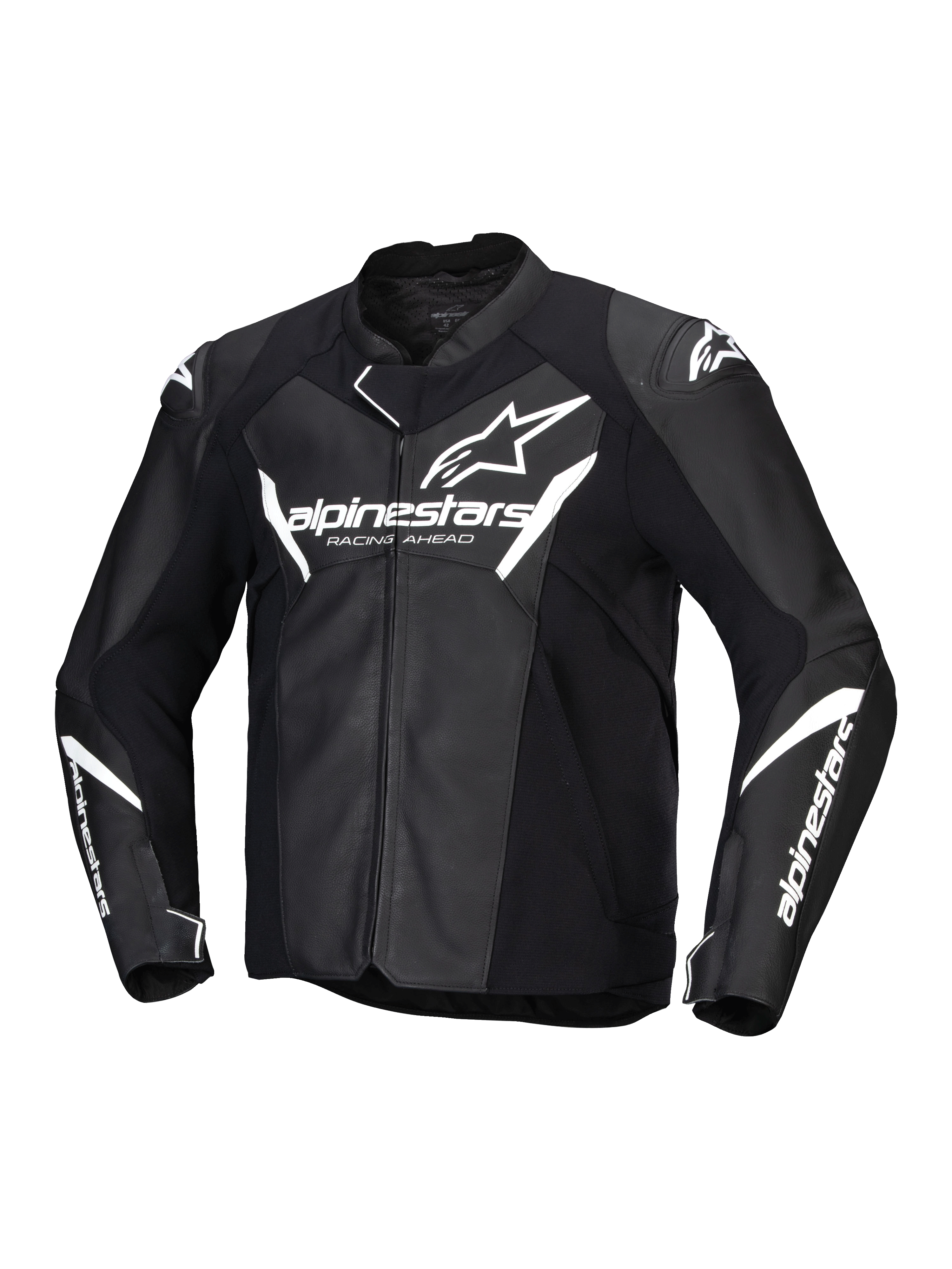 Alpinestars Giacca In Pelle Faster V3, giacca da moto sportiva da uomo, nera e bianca, in pelle con inserti elasticizzati HRSF, certificata CE classe AA