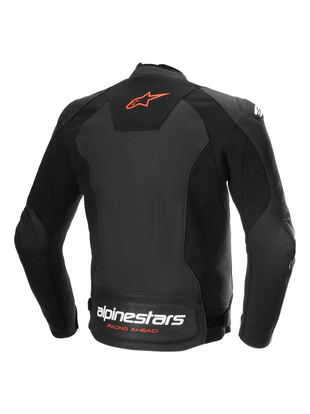 Alpinestars Giacca In Pelle Faster V3 Airflow, giacca da moto sportiva in pelle traforata, vista posteriore nera e rossa, pannelli elasticizzati e logo