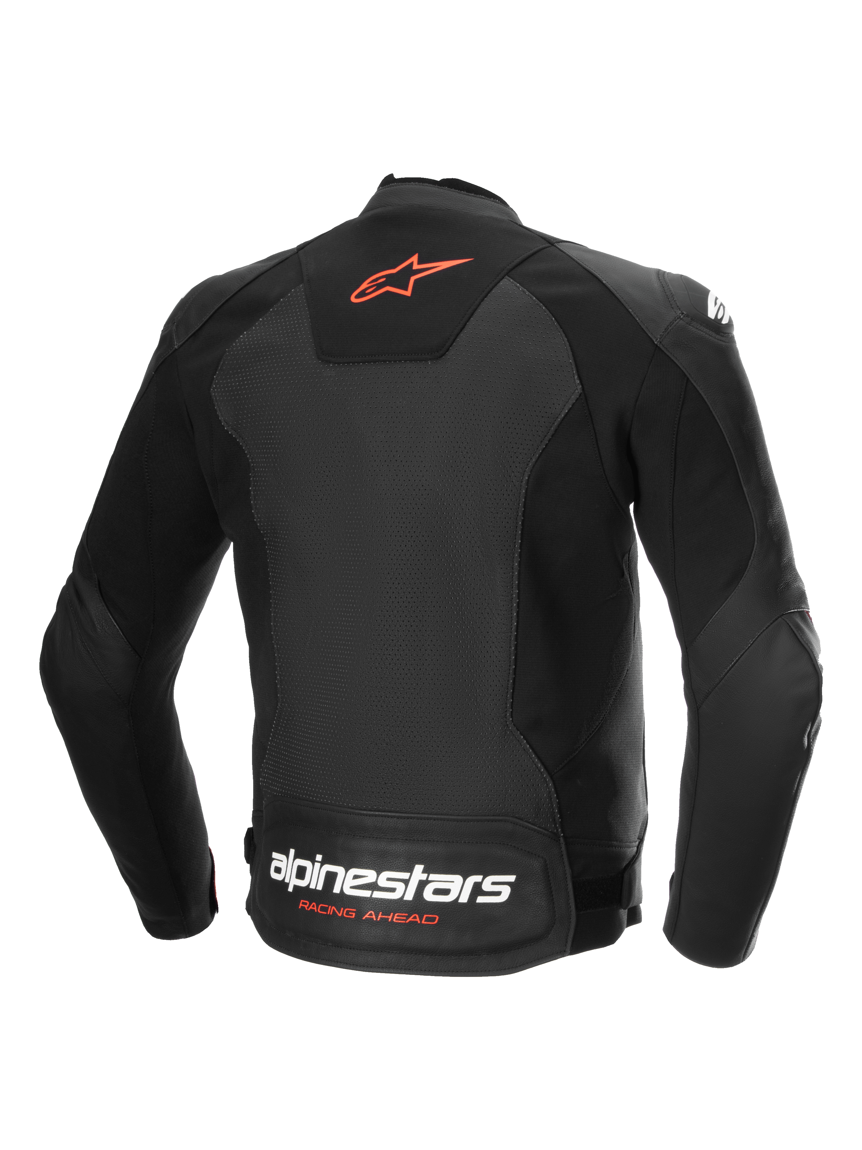 Alpinestars Giacca In Pelle Faster V3 Airflow, giacca da moto sportiva in pelle traforata, vista posteriore nera e rossa, pannelli elasticizzati e logo