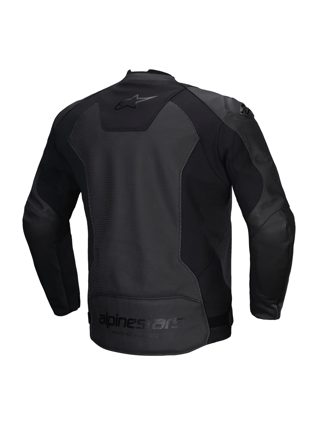 Giacca In Pelle Faster V3 Airflow Alpinestars, giacca da moto sportiva da uomo, nera, in pelle traforata con inserti elasticizzati, vista posteriore con dettagli del marchio