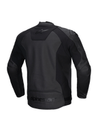 Giacca In Pelle Faster V3 Airflow Alpinestars, giacca da moto sportiva da uomo, nera, in pelle traforata con inserti elasticizzati, vista posteriore con dettagli del marchio