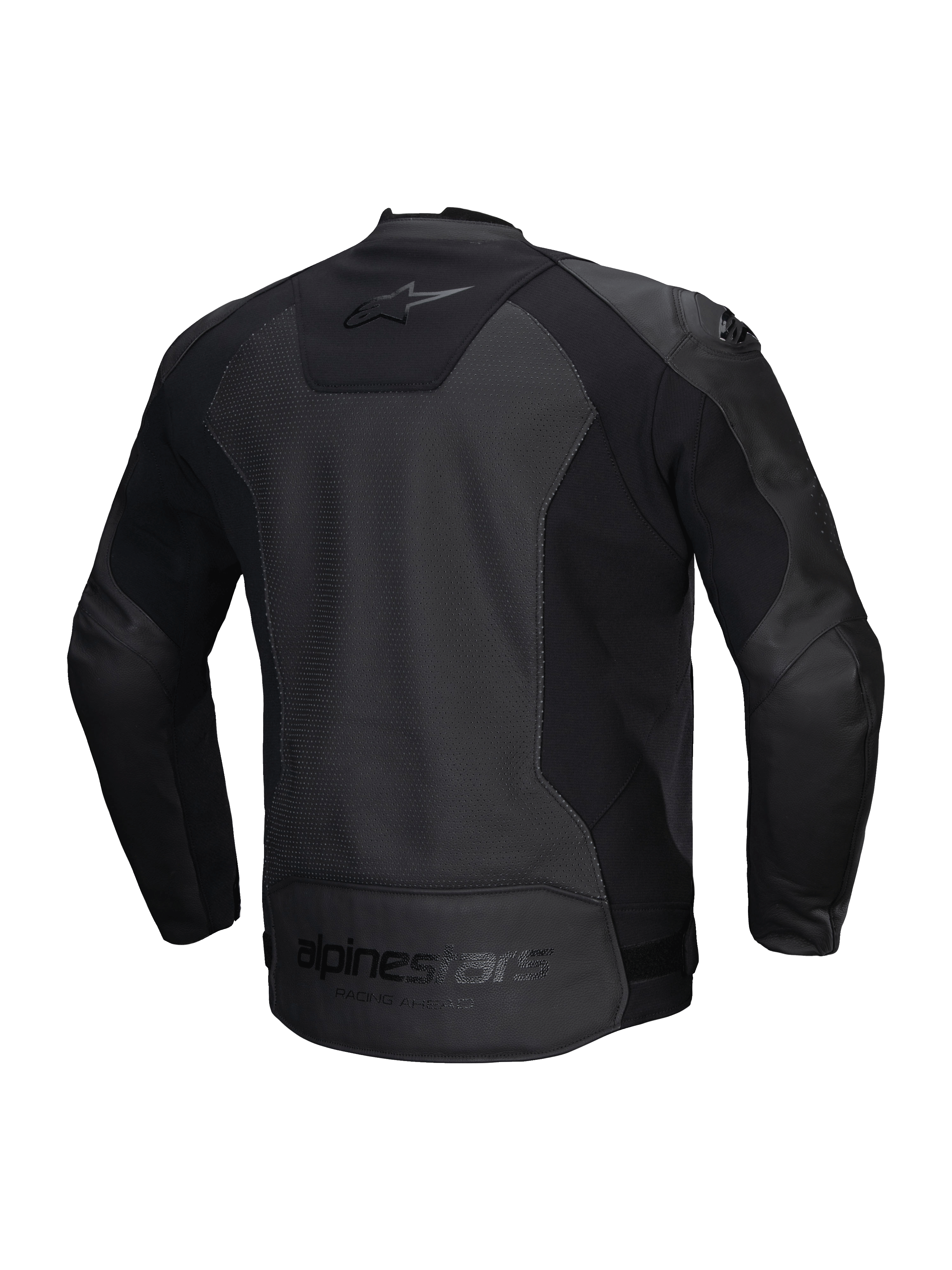 Giacca In Pelle Faster V3 Airflow Alpinestars, giacca da moto sportiva da uomo, nera, in pelle traforata con inserti elasticizzati, vista posteriore con dettagli del marchio