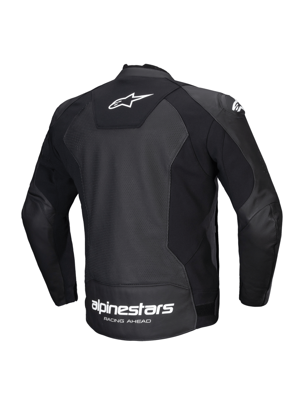 Giacca In Pelle Faster V3 Airflow, giacca da moto sportiva da uomo, vista posteriore, nera e bianca, con pannelli elasticizzati HRSF e pelle traforata