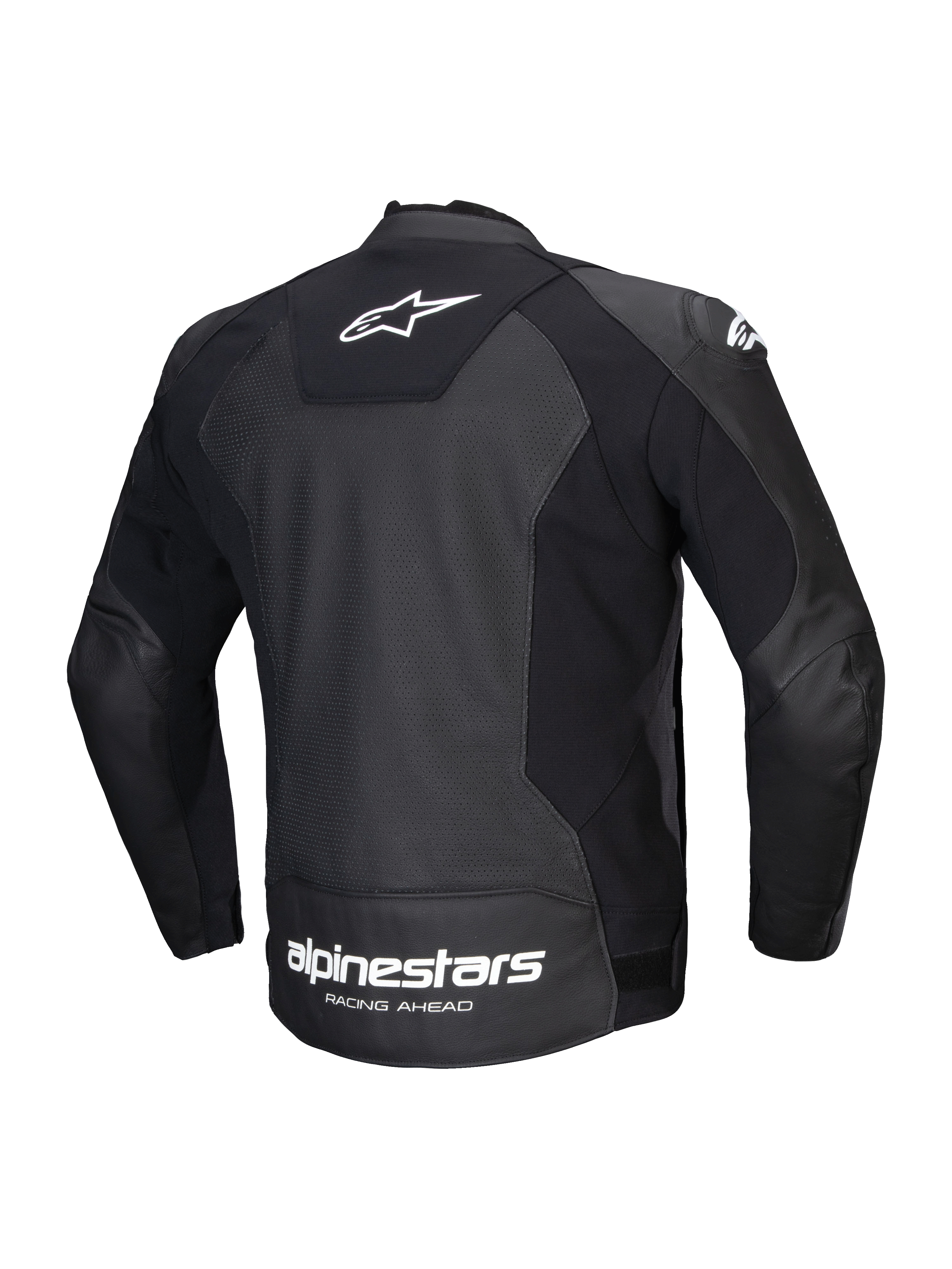 Giacca In Pelle Faster V3 Airflow, giacca da moto sportiva da uomo, vista posteriore, nera e bianca, con pannelli elasticizzati HRSF e pelle traforata
