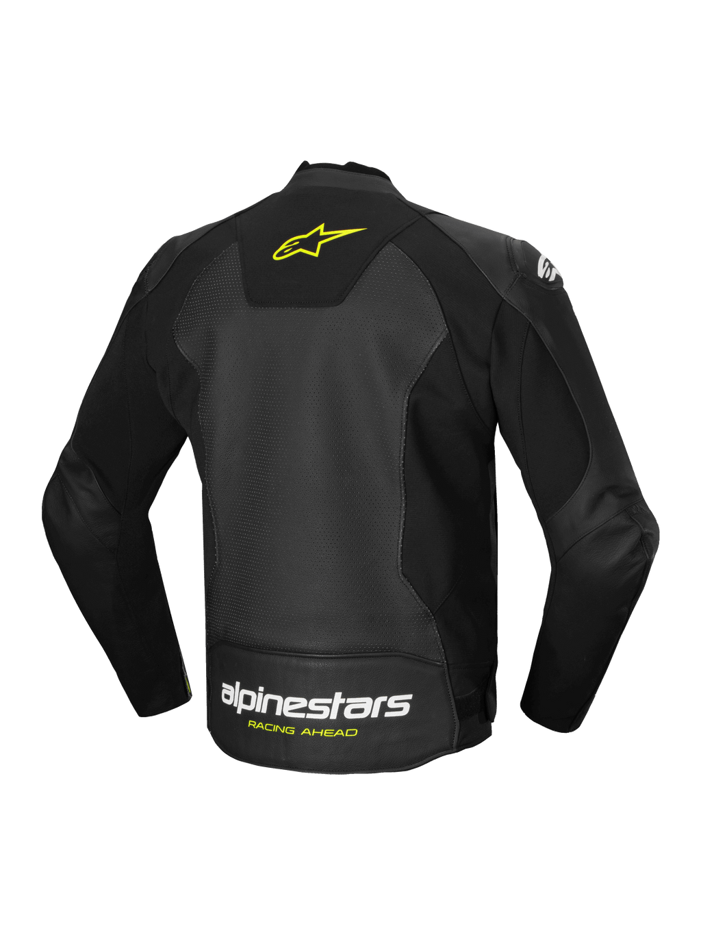 Alpinestars Giacca In Pelle Faster V3 Airflow, giacca da moto sportiva da uomo, nera e gialla, struttura in pelle traforata con inserti elasticizzati e logo sulla schiena