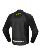 Alpinestars Giacca In Pelle Faster V3 Airflow, giacca da moto sportiva da uomo, nera e gialla, struttura in pelle traforata con inserti elasticizzati e logo sulla schiena