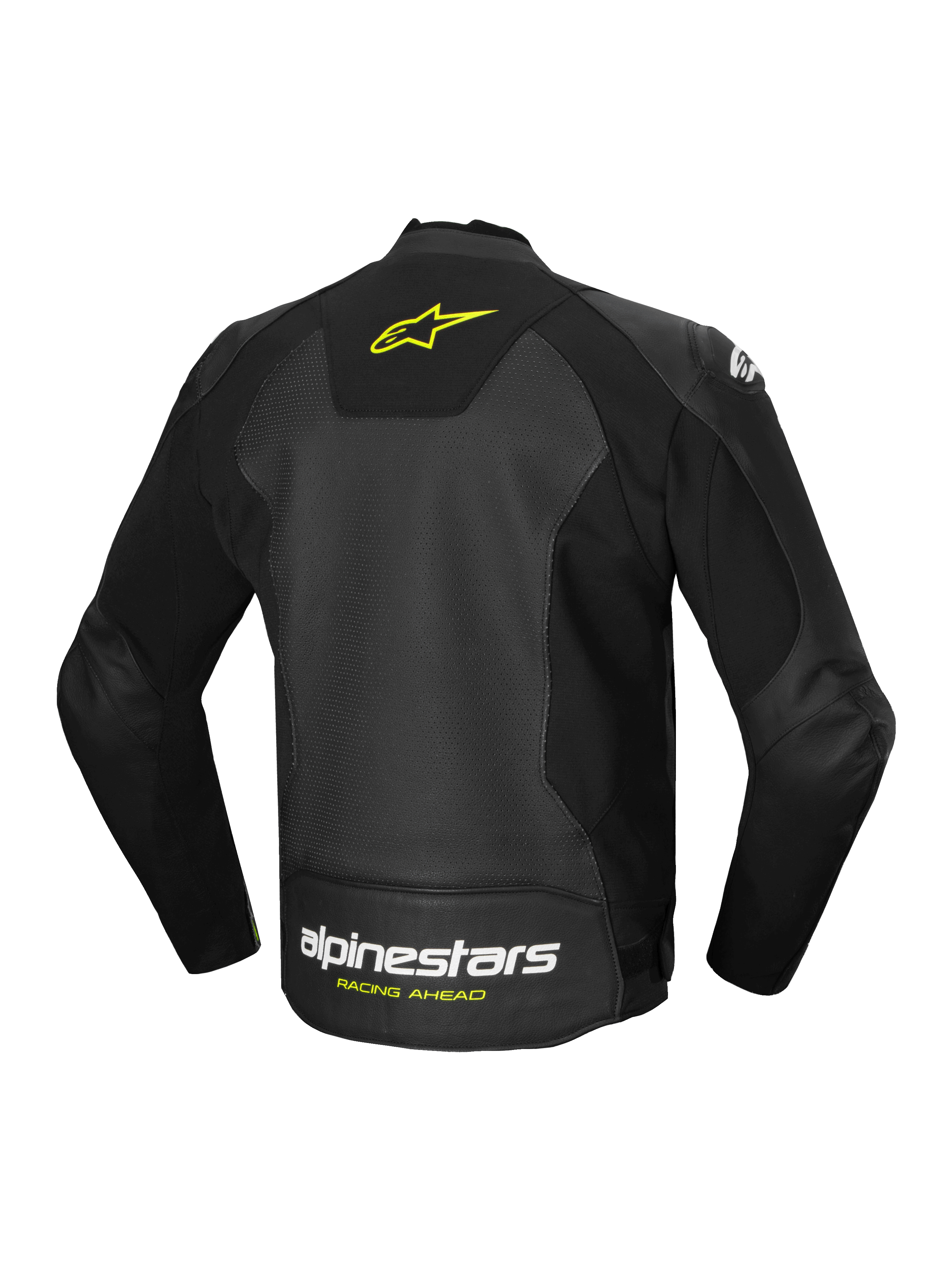 Alpinestars Giacca In Pelle Faster V3 Airflow, giacca da moto sportiva da uomo, nera e gialla, struttura in pelle traforata con inserti elasticizzati e logo sulla schiena
