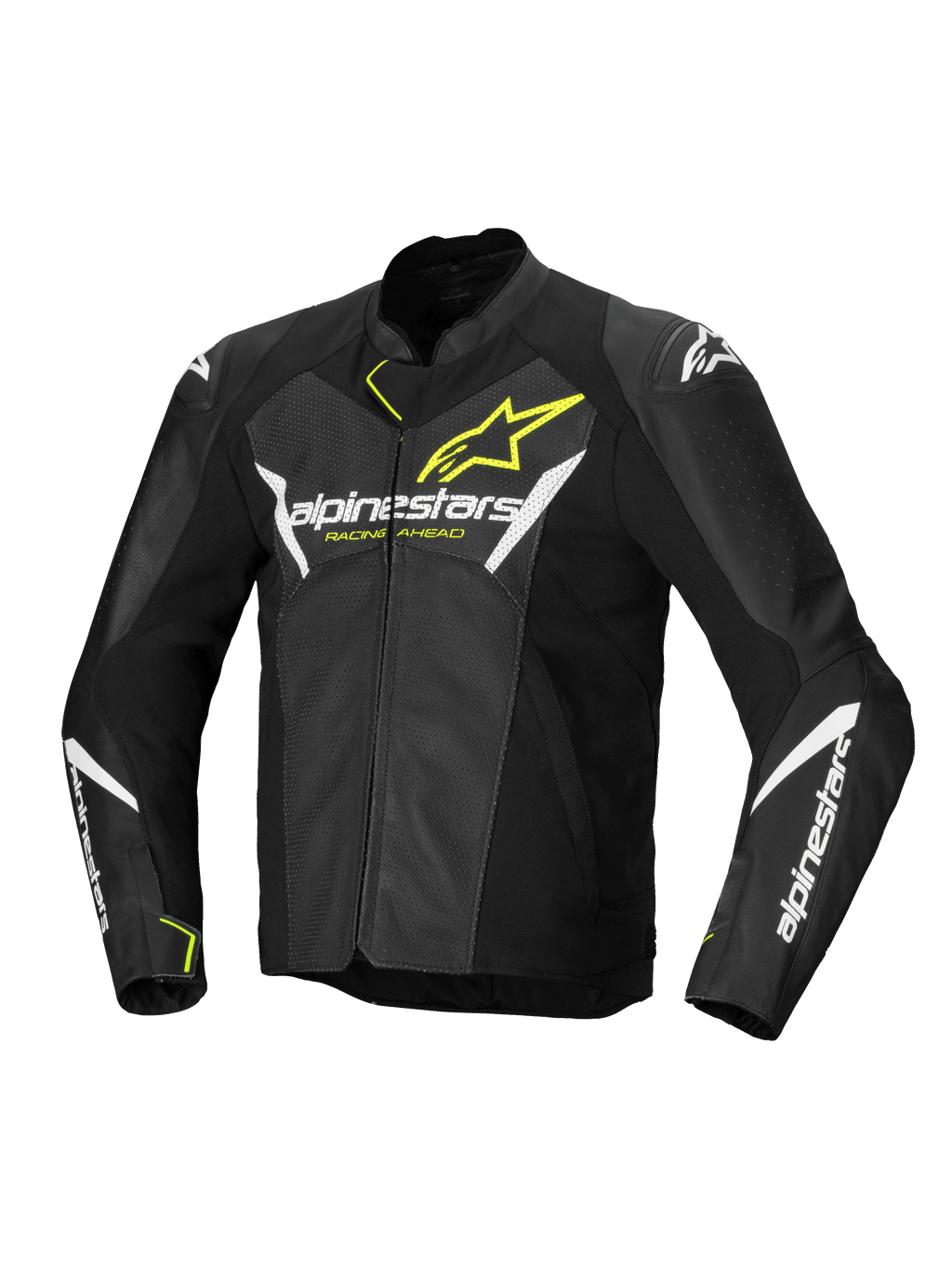 Giacca in pelle Alpinestars Faster V3 Airflow, giacca da moto sportiva da uomo, nera, bianca e giallo fluo, pelle traforata con protezioni certificate CE