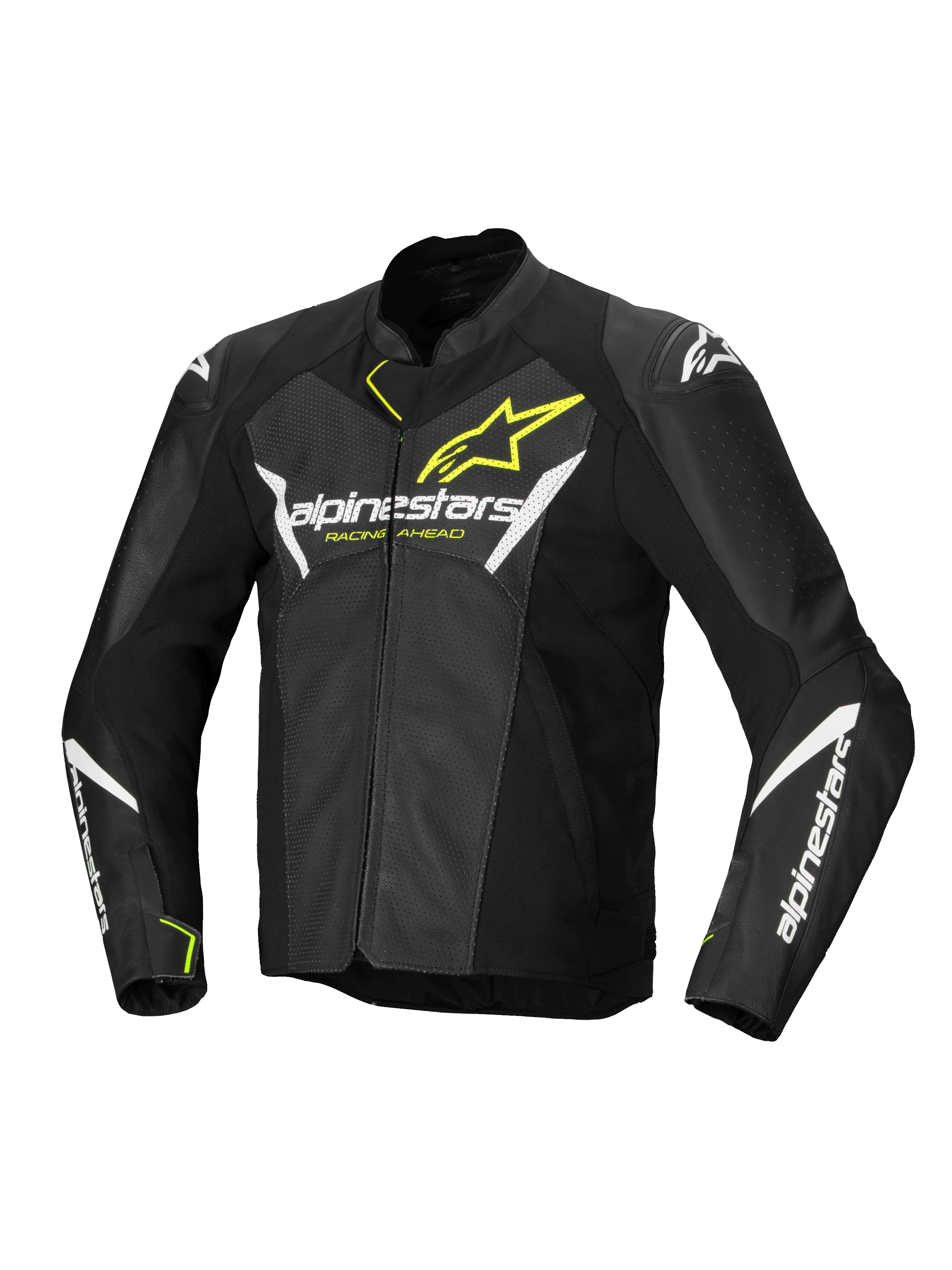 Giacca in pelle Alpinestars Faster V3 Airflow, giacca da moto sportiva da uomo, nera, bianca e giallo fluo, pelle traforata con protezioni certificate CE