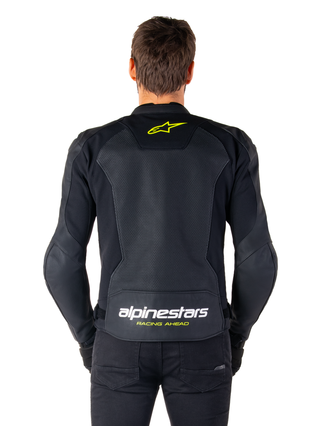 Giacca in pelle Alpinestars Faster V3 Airflow, giacca da moto sportiva, nero con accenti giallo fluo, vista posteriore che mostra ampi pannelli in pelle traforata, logo a stella giallo sulla parte superiore della schiena e marchio evidente sulla parte inferiore della schiena.