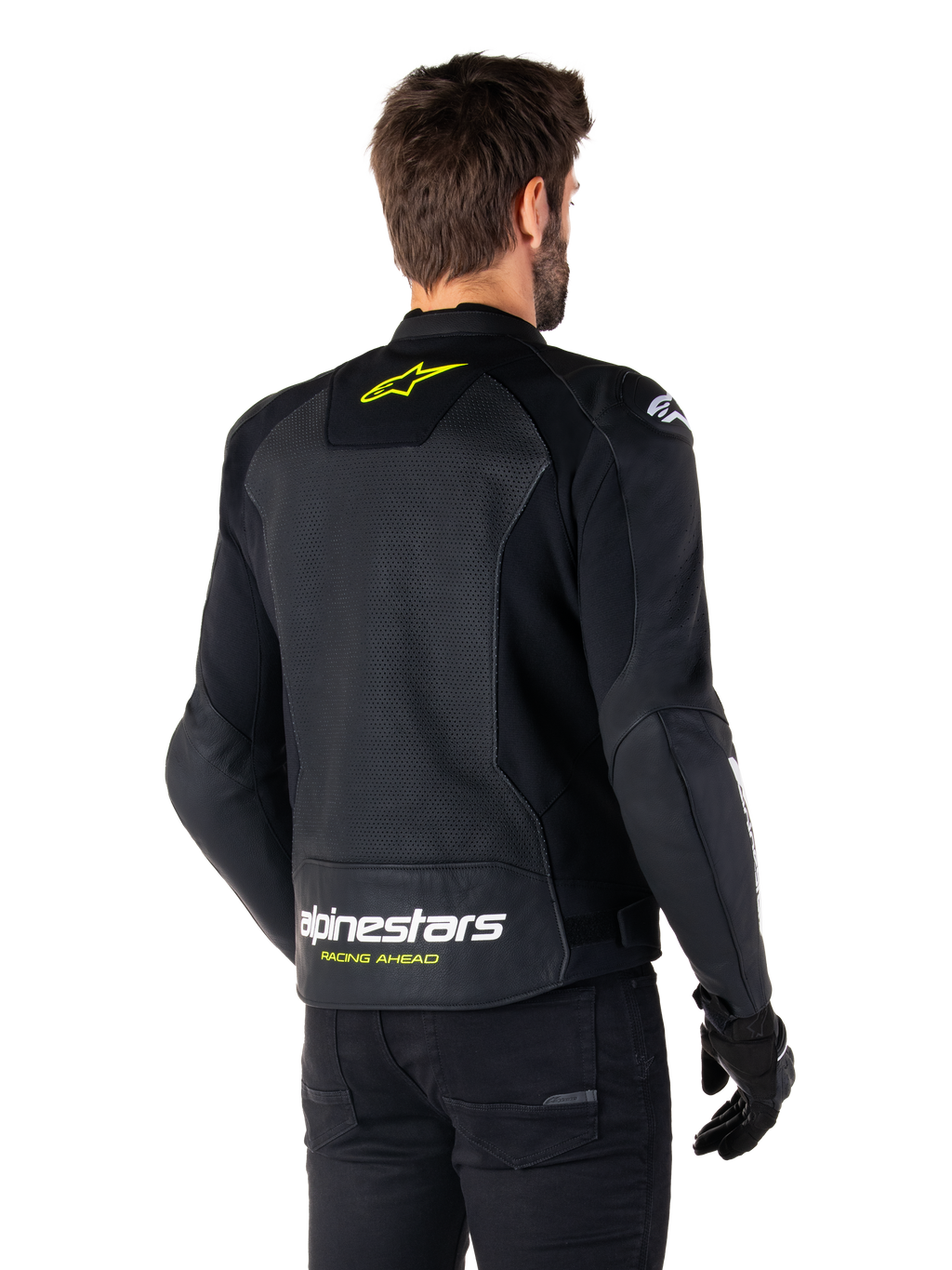 Giacca in pelle Alpinestars Faster V3 Airflow, nero, bianco e giallo fluo, vista posteriore, con un ampio pannello posteriore in pelle traforata per la ventilazione, logo a stella giallo sul colletto e marchio Alpinestars bianco con scritta 'Racing Ahead' gialla sull'orlo inferiore, abbigliamento tecnico da moto