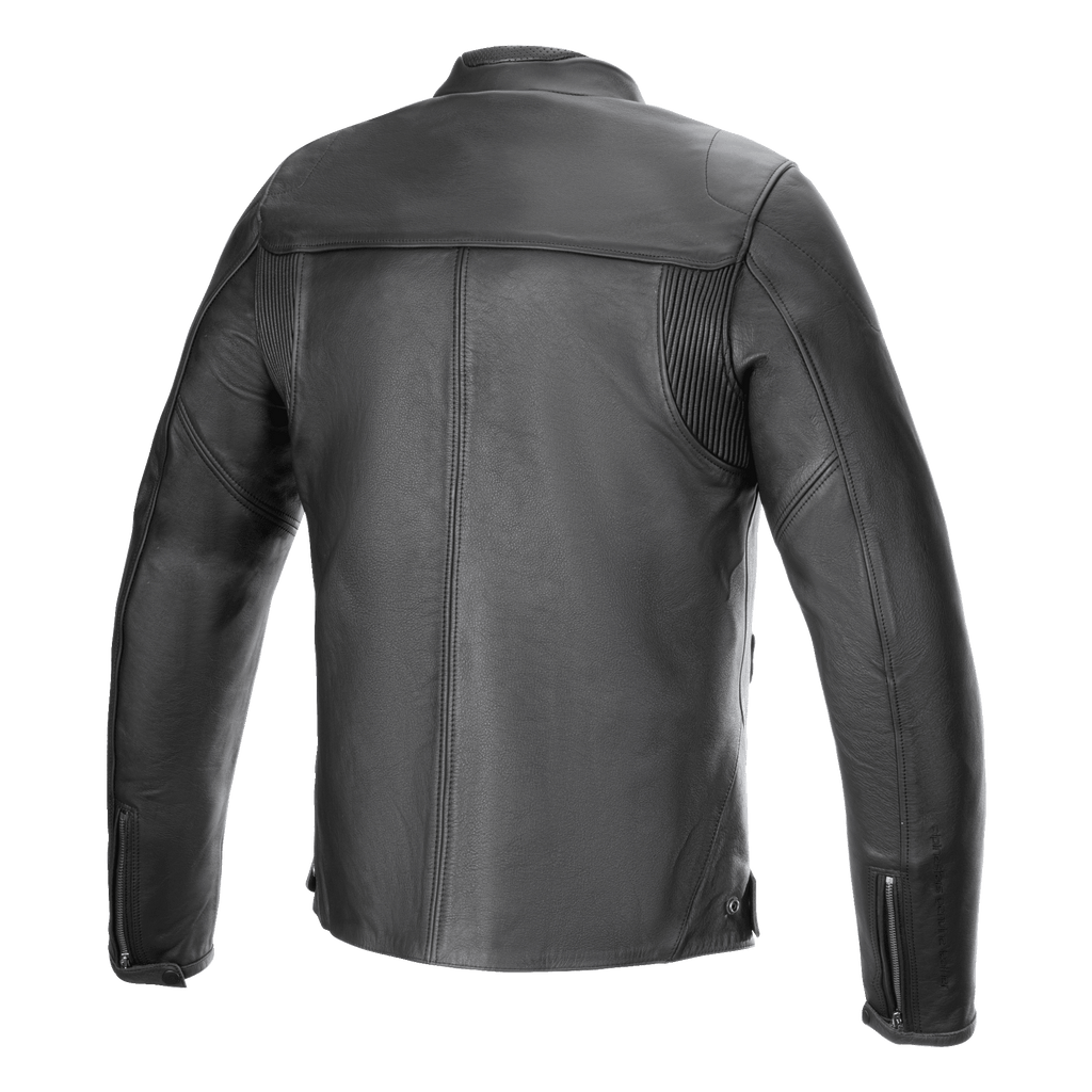Alpinestars Blacktrack Leather Jacket, giacca da moto, nero, vista posteriore, struttura in pelle bovina di alta qualità, con pannelli a fisarmonica sulle spalle, polsini con zip e design urbano minimalista