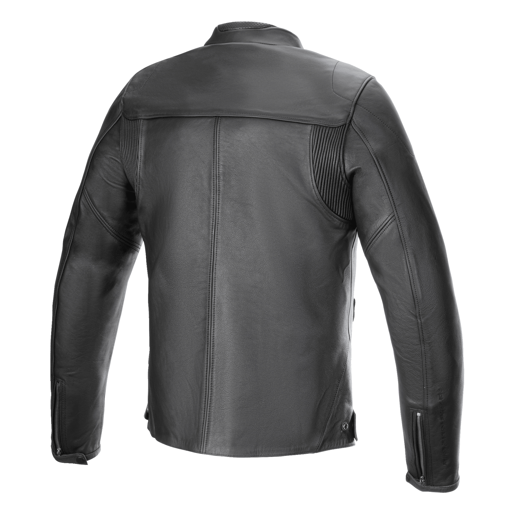 Alpinestars Blacktrack Leather Jacket, giacca da moto, nero, vista posteriore, struttura in pelle bovina di alta qualità, con pannelli a fisarmonica sulle spalle, polsini con zip e design urbano minimalista