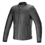 Giacca in pelle Alpinestars Blacktrack, giacca da moto, nera, pelle bovina premium con cerniera metallica color canna di fucile e distintivo sulla spalla, colletto alla coreana, tasche laterali con zip e bottoni regolabili in vita, stile road urbano contemporaneo