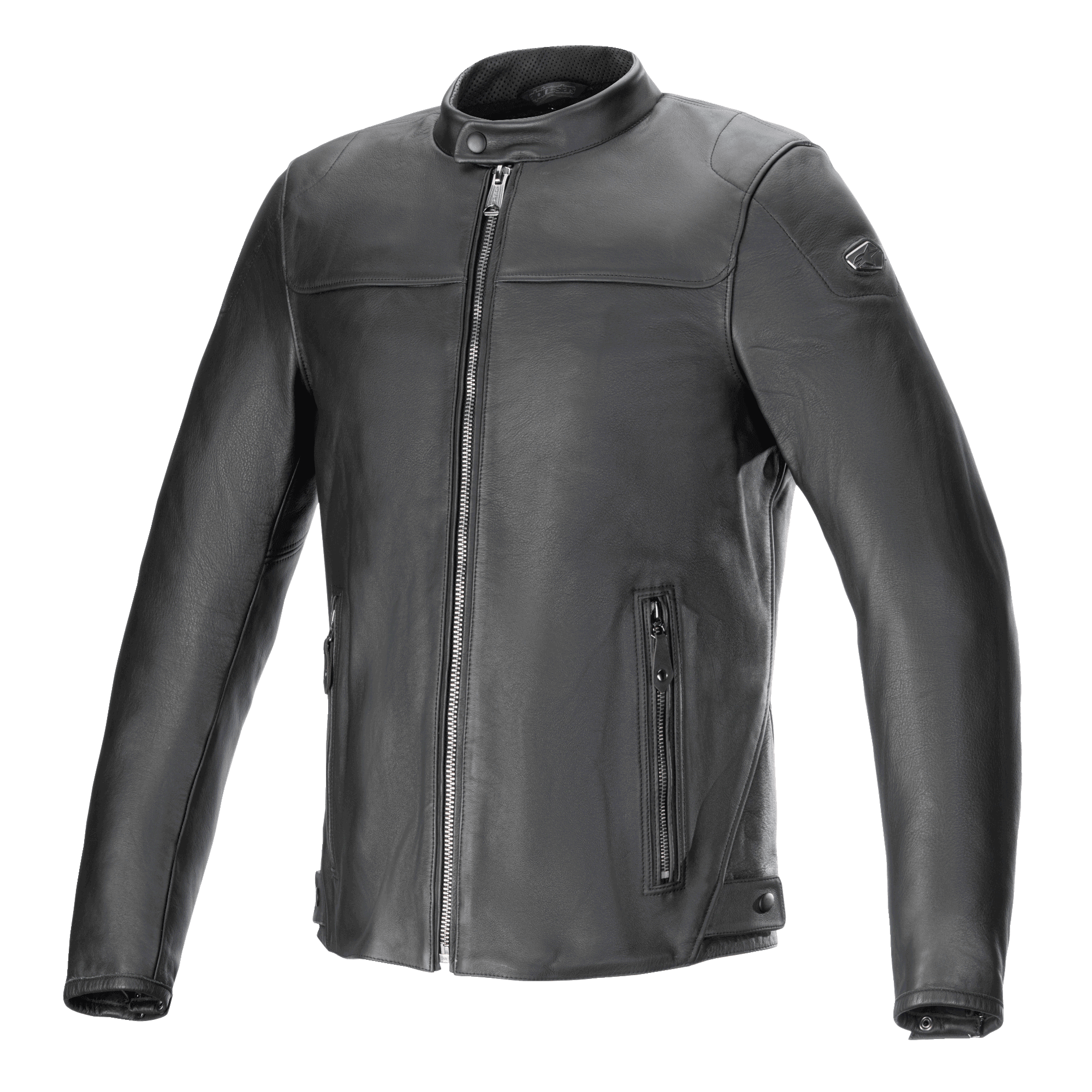 Giacca in pelle Alpinestars Blacktrack, giacca da moto, nera, pelle bovina premium con cerniera metallica color canna di fucile e distintivo sulla spalla, colletto alla coreana, tasche laterali con zip e bottoni regolabili in vita, stile road urbano contemporaneo