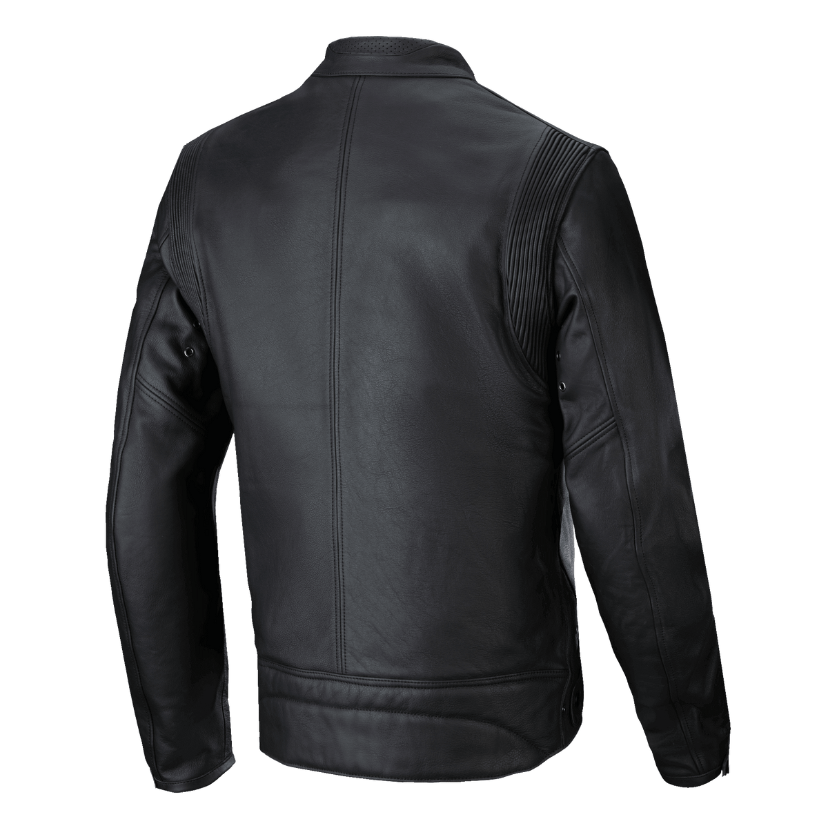 Alpinestars Dyno Leather Jacket, nera, vista posteriore, giacca da moto d'ispirazione heritage realizzata in pregiata pelle bovina, con pannelli elasticizzati a fisarmonica sulle spalle e una pulita cucitura centrale verticale.