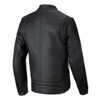 Alpinestars Dyno Leather Jacket, nera, vista posteriore, giacca da moto d'ispirazione heritage realizzata in pregiata pelle bovina, con pannelli elasticizzati a fisarmonica sulle spalle e una pulita cucitura centrale verticale.