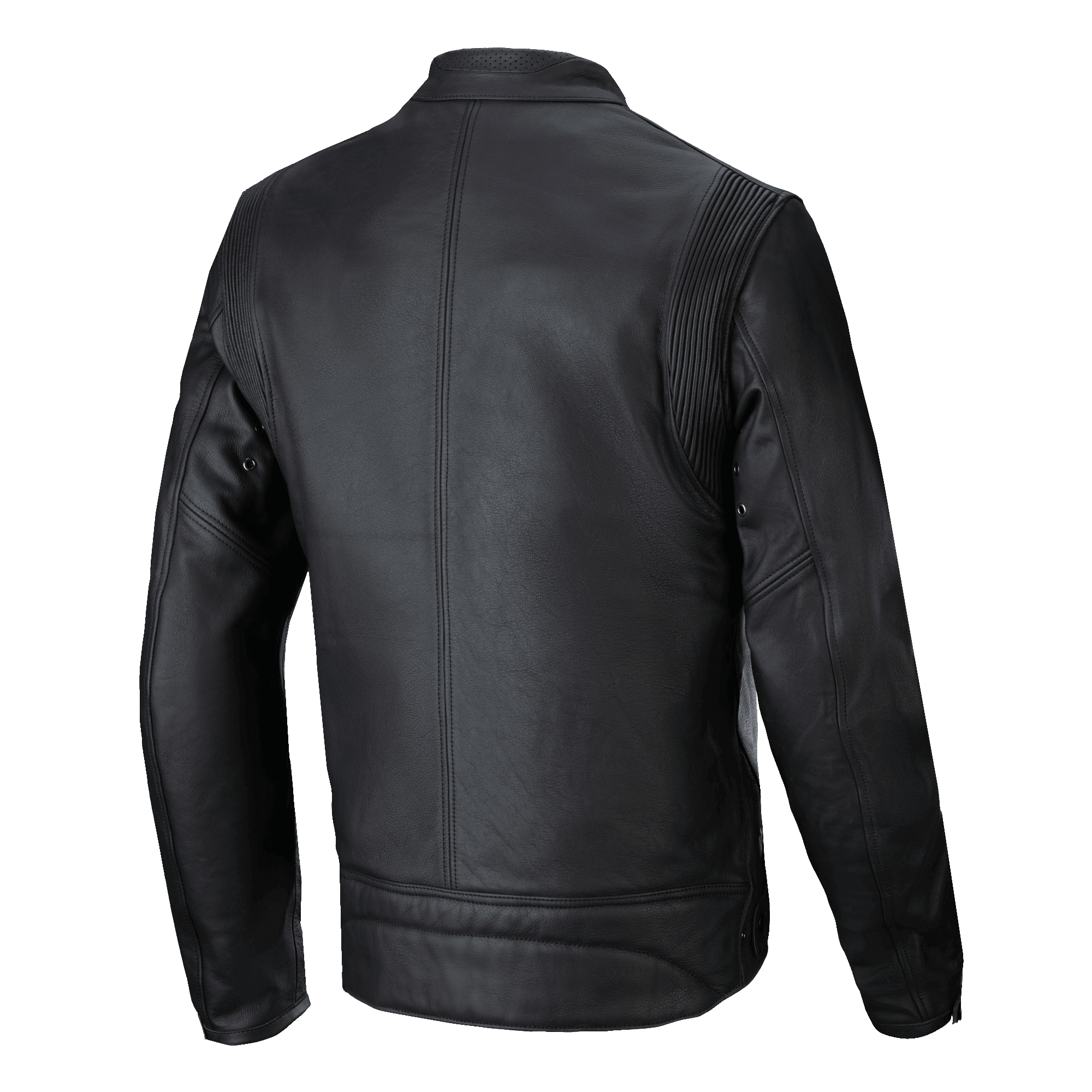 Alpinestars Dyno Leather Jacket, nera, vista posteriore, giacca da moto d'ispirazione heritage realizzata in pregiata pelle bovina, con pannelli elasticizzati a fisarmonica sulle spalle e una pulita cucitura centrale verticale.