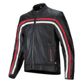 Alpinestars Dyno Leather Jacket, giacca da moto in pelle premium, nera con strisce racing Ruby Red ed Ecru, chiusura frontale con cerniera, colletto alla coreana, tasche con zip, stemma tricolore italiano, design heritage sportivo