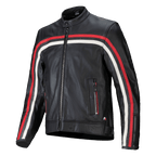 Alpinestars Dyno Leather Jacket, giacca da moto in pelle premium, nera con strisce racing Ruby Red ed Ecru, chiusura frontale con cerniera, colletto alla coreana, tasche con zip, stemma tricolore italiano, design heritage sportivo