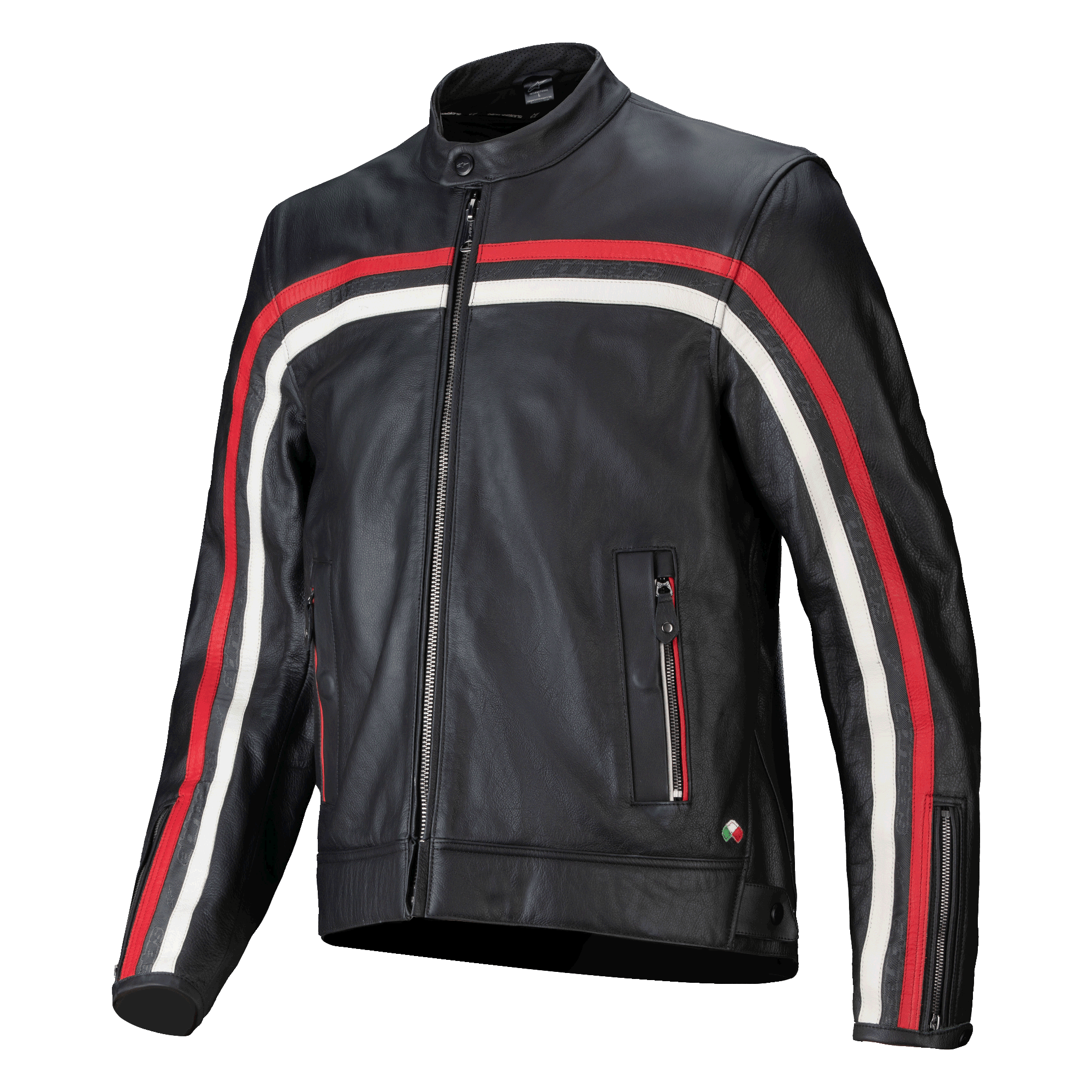 Alpinestars Dyno Leather Jacket, giacca da moto in pelle premium, nera con strisce racing Ruby Red ed Ecru, chiusura frontale con cerniera, colletto alla coreana, tasche con zip, stemma tricolore italiano, design heritage sportivo