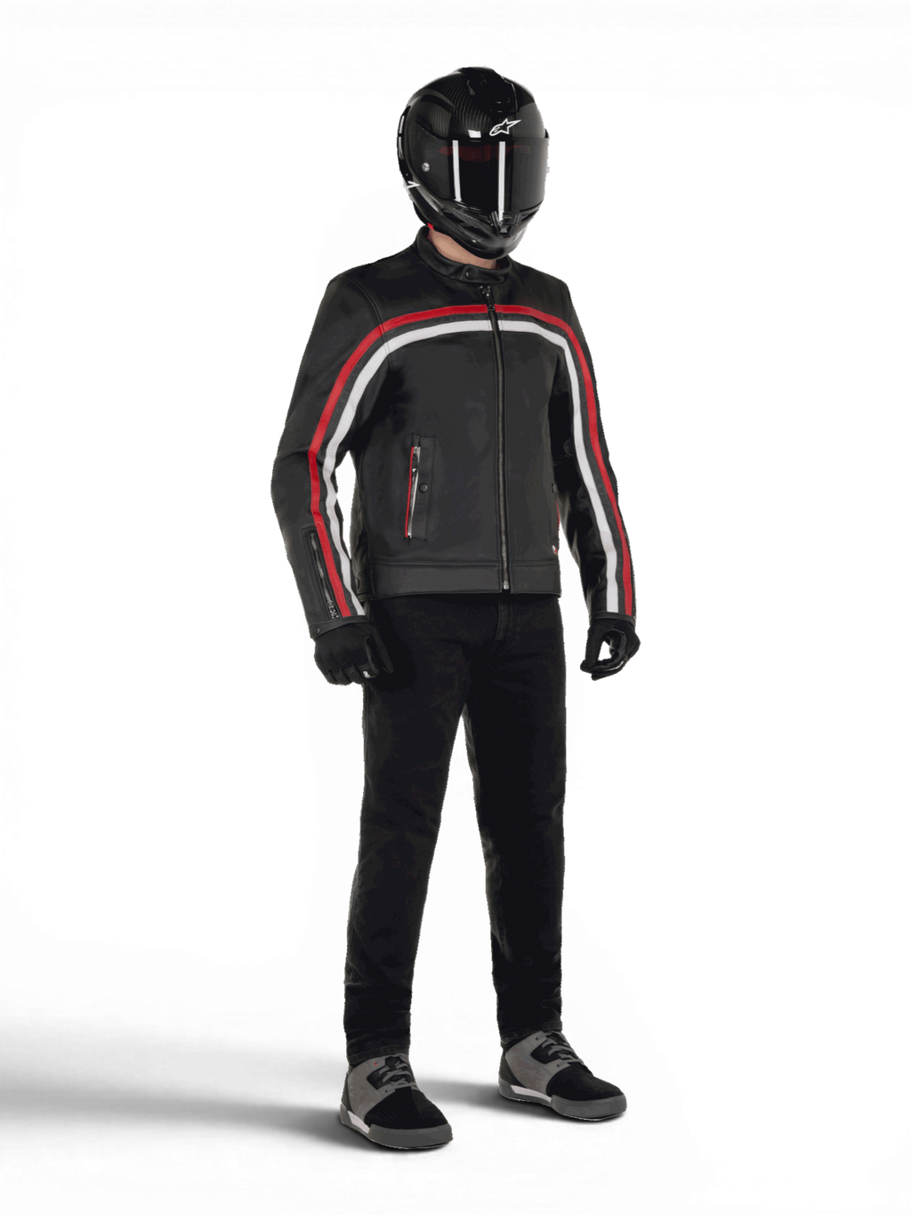 Alpinestars Giacca in pelle Dyno, giacca da moto urban da uomo, pelle bovina nera con strisce rosso rubino, predisposta per Tech-Air.