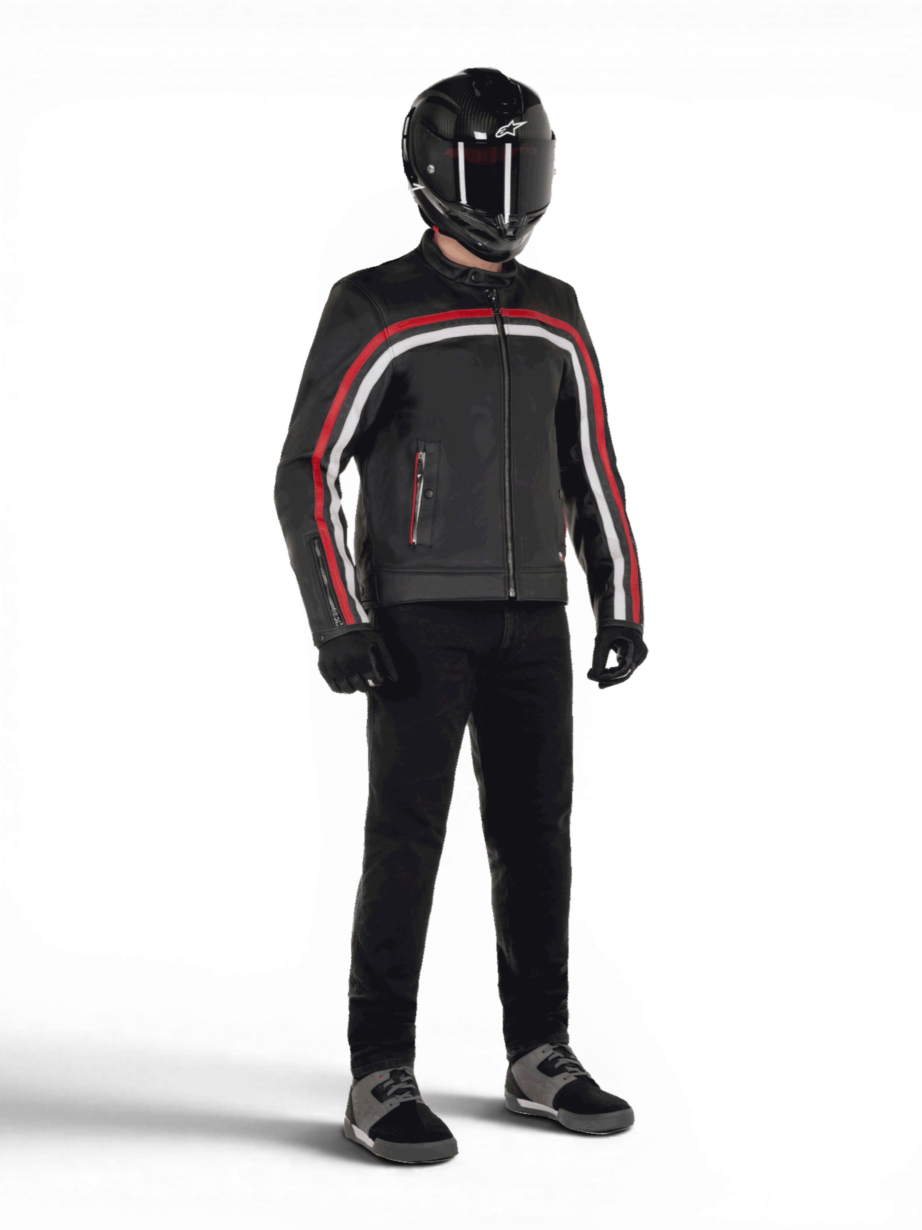 Alpinestars Giacca in pelle Dyno, giacca da moto urban da uomo, pelle bovina nera con strisce rosso rubino, predisposta per Tech-Air.