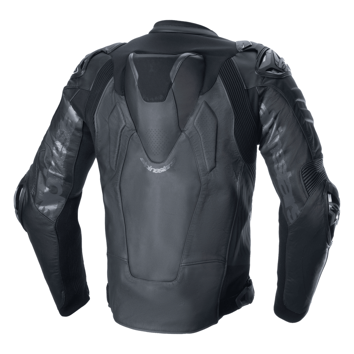 Giacca in pelle Alpinestars Atem V5, giacca da moto racing, nero, vista posteriore con gobba aerodinamica, protezioni per spalle e gomiti DFS RR, costruzione tecnica in pelle con pannelli elasticizzati e marchio Alpinestars sulle maniche