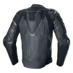 Giacca in pelle Alpinestars Atem V5, giacca da moto racing, nero, vista posteriore con gobba aerodinamica, protezioni per spalle e gomiti DFS RR, costruzione tecnica in pelle con pannelli elasticizzati e marchio Alpinestars sulle maniche