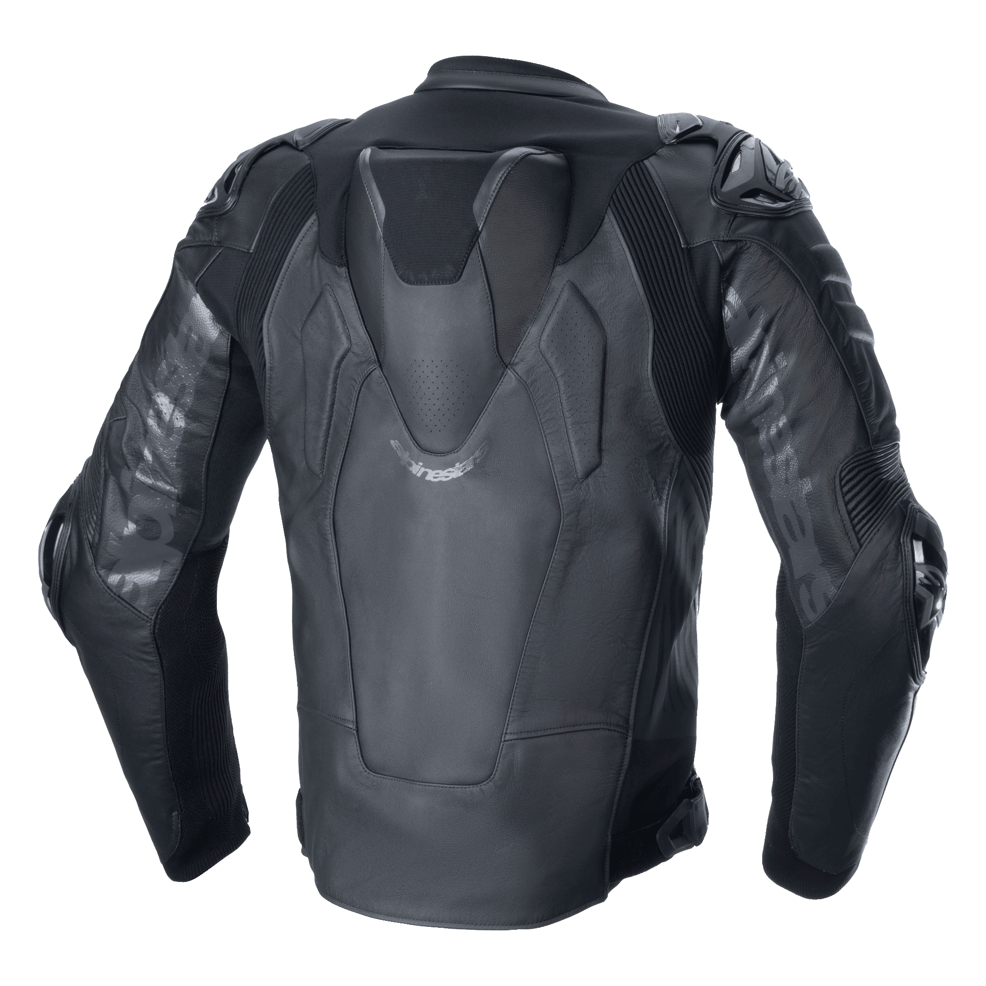 Giacca in pelle Alpinestars Atem V5, giacca da moto racing, nero, vista posteriore con gobba aerodinamica, protezioni per spalle e gomiti DFS RR, costruzione tecnica in pelle con pannelli elasticizzati e marchio Alpinestars sulle maniche