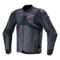 Giacca in pelle Alpinestars Atem V5, giacca da moto racing nera e grigio scuro, logo a stella arancione sul petto, pannelli in pelle traforata per la ventilazione, protezioni rigide su spalle e gomiti, costruzione in pelle e tessuto con design aerodinamico per guida sportiva