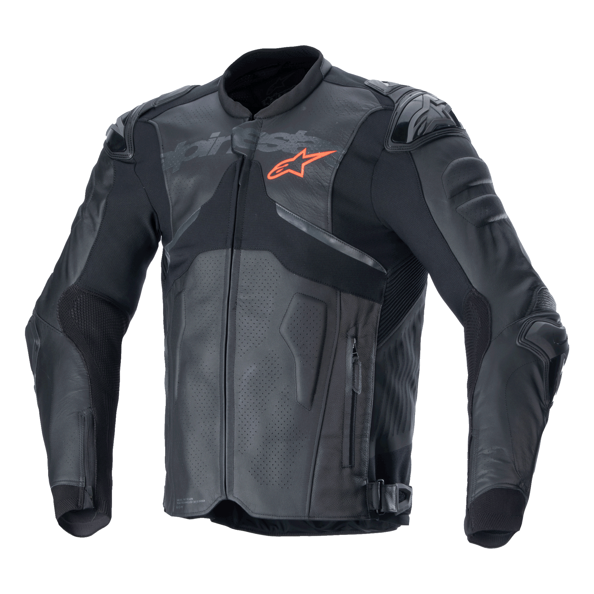 Giacca in pelle Alpinestars Atem V5, giacca da moto racing nera e grigio scuro, logo a stella arancione sul petto, pannelli in pelle traforata per la ventilazione, protezioni rigide su spalle e gomiti, costruzione in pelle e tessuto con design aerodinamico per guida sportiva