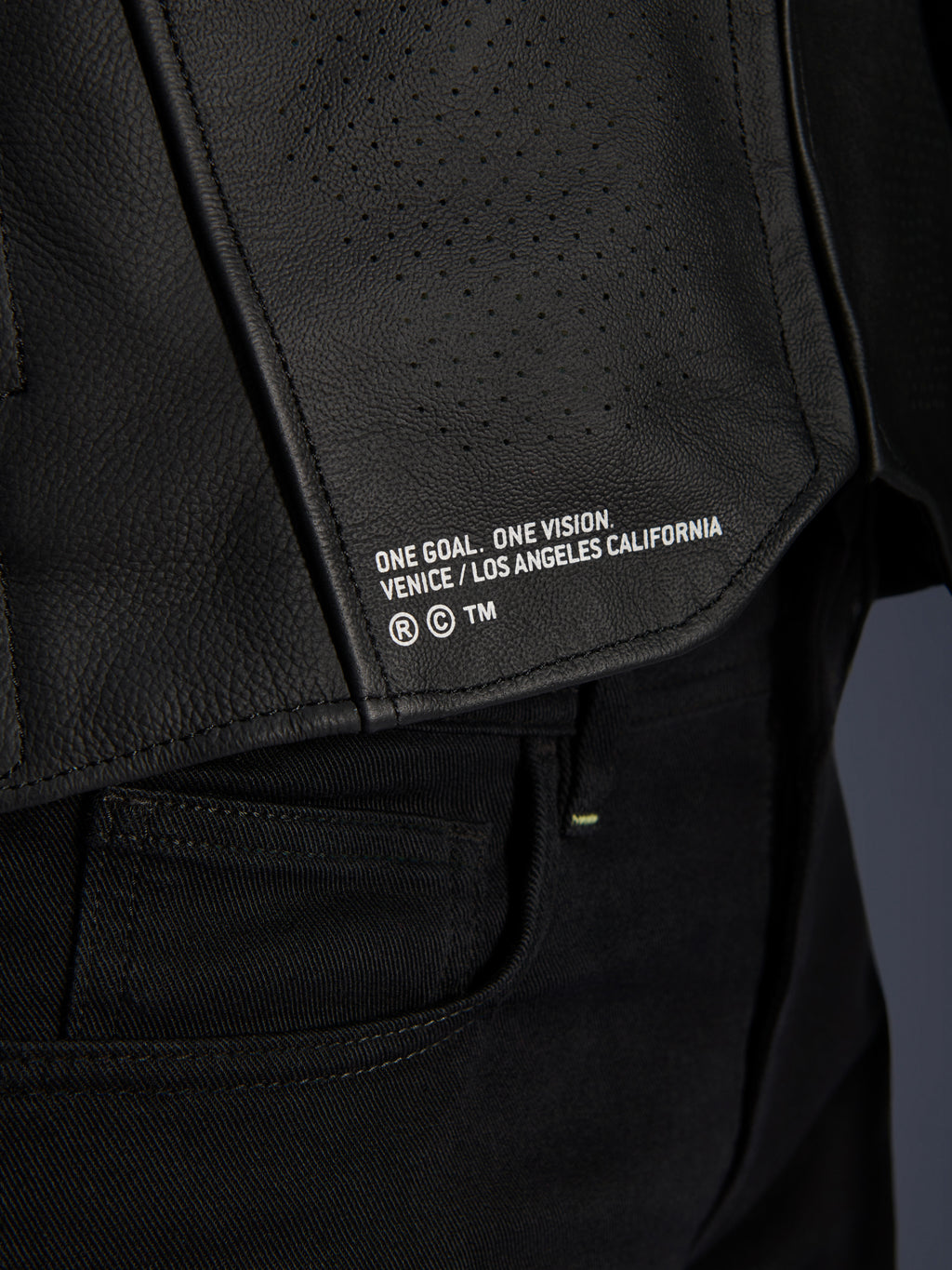Primo piano della giacca in pelle Alpinestars Atem V5 in nero, con pannello posteriore inferiore, marchio 'ONE GOAL. ONE VISION. VENICE / LOS ANGELES CALIFORNIA' e trama in pelle traforata.