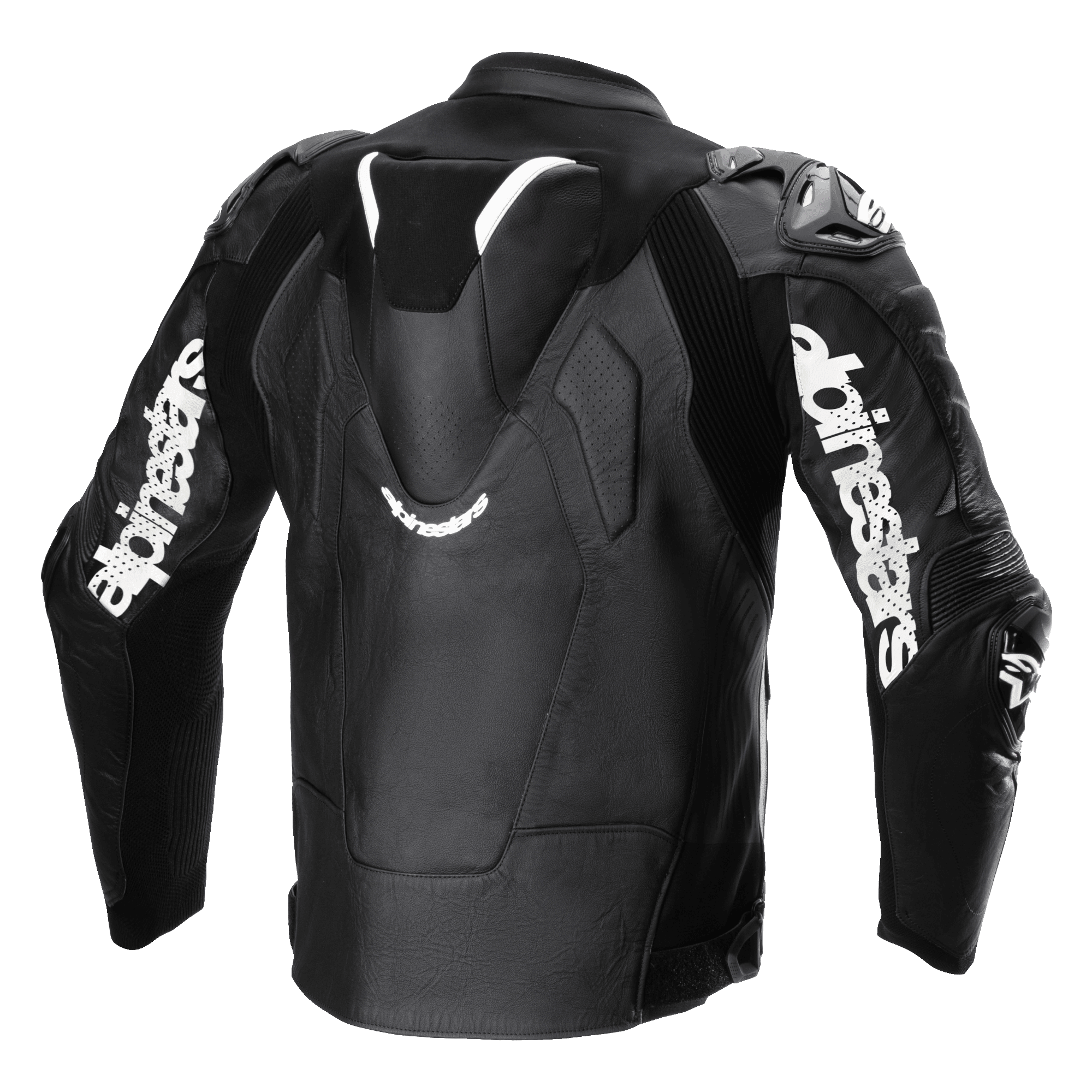 Giacca in pelle Alpinestars Atem V5, nero e bianco, vista posteriore che mostra la gobba aerodinamica, branding Alpinestars bianco sulle maniche, sezioni in pelle traforata e pannelli tecnici elasticizzati per guida racing e sportiva.