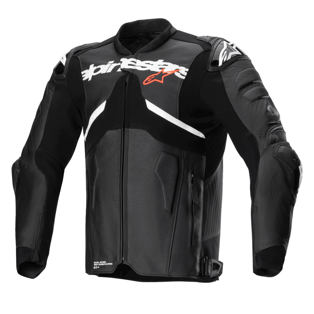 Giacca in pelle Alpinestars Atem V5, nero e bianco, giacca professionale da corsa, con grande logo Alpinestars bianco sul petto e stella rossa, pannelli in pelle traforata, protezioni spalle DFS RR integrate e design aerodinamico per guida sportiva