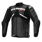 Giacca in pelle Alpinestars Atem V5, nero e bianco, giacca professionale da corsa, con grande logo Alpinestars bianco sul petto e stella rossa, pannelli in pelle traforata, protezioni spalle DFS RR integrate e design aerodinamico per guida sportiva