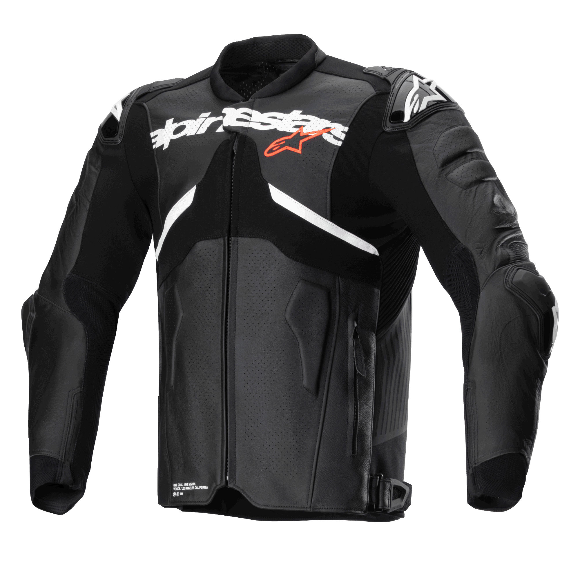 Giacca in pelle Alpinestars Atem V5, nero e bianco, giacca professionale da corsa, con grande logo Alpinestars bianco sul petto e stella rossa, pannelli in pelle traforata, protezioni spalle DFS RR integrate e design aerodinamico per guida sportiva