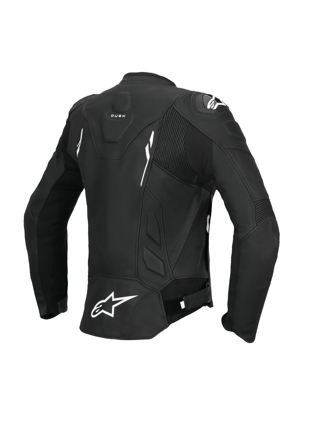 Alpinestars Giacca In Pelle Stella Dusk, giacca da moto in pelle da donna, vista posteriore nera e bianca con pannelli elasticizzati a fisarmonica e certificazione CE classe AA