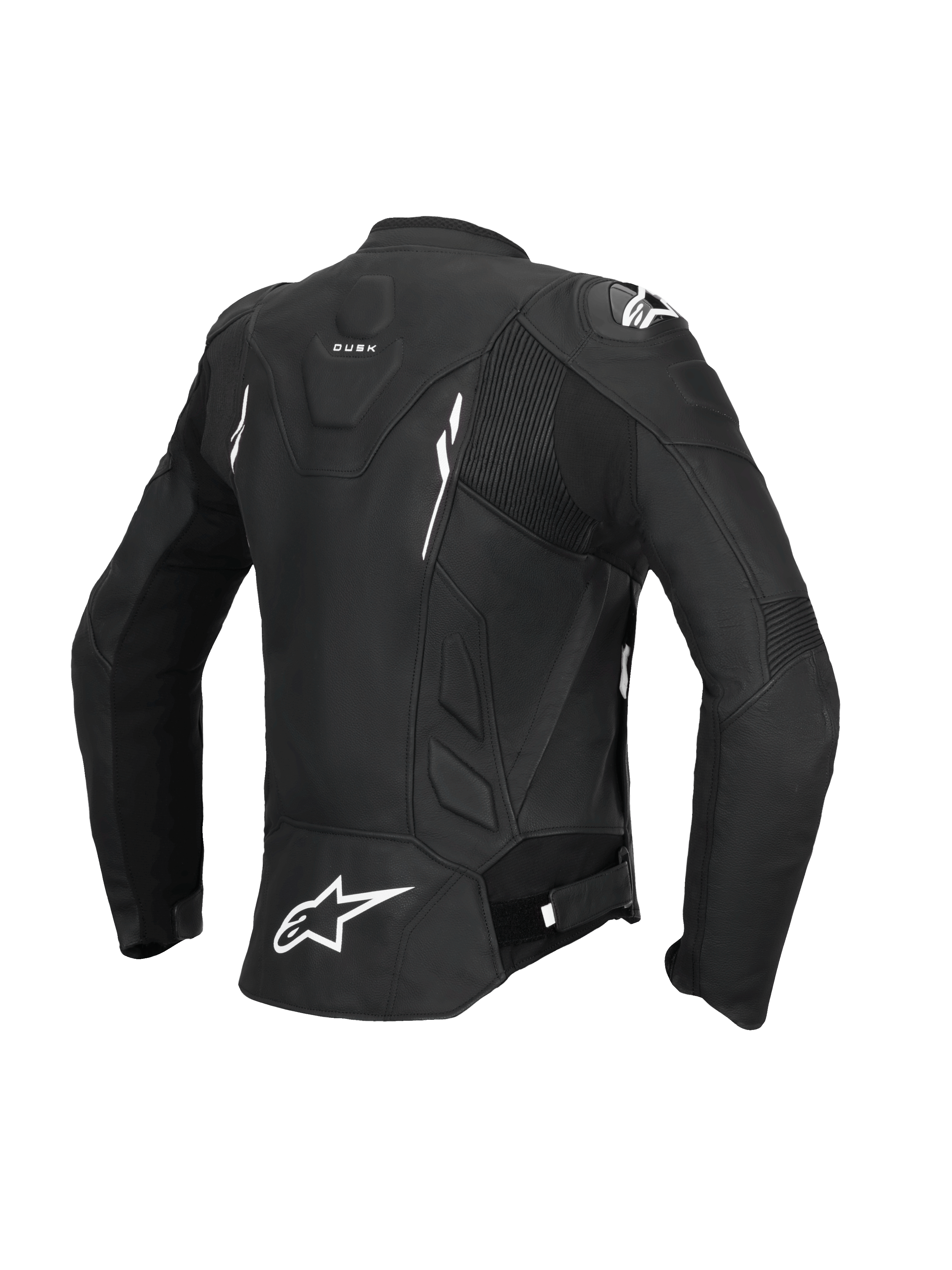 Alpinestars Giacca In Pelle Stella Dusk, giacca da moto in pelle da donna, vista posteriore nera e bianca con pannelli elasticizzati a fisarmonica e certificazione CE classe AA