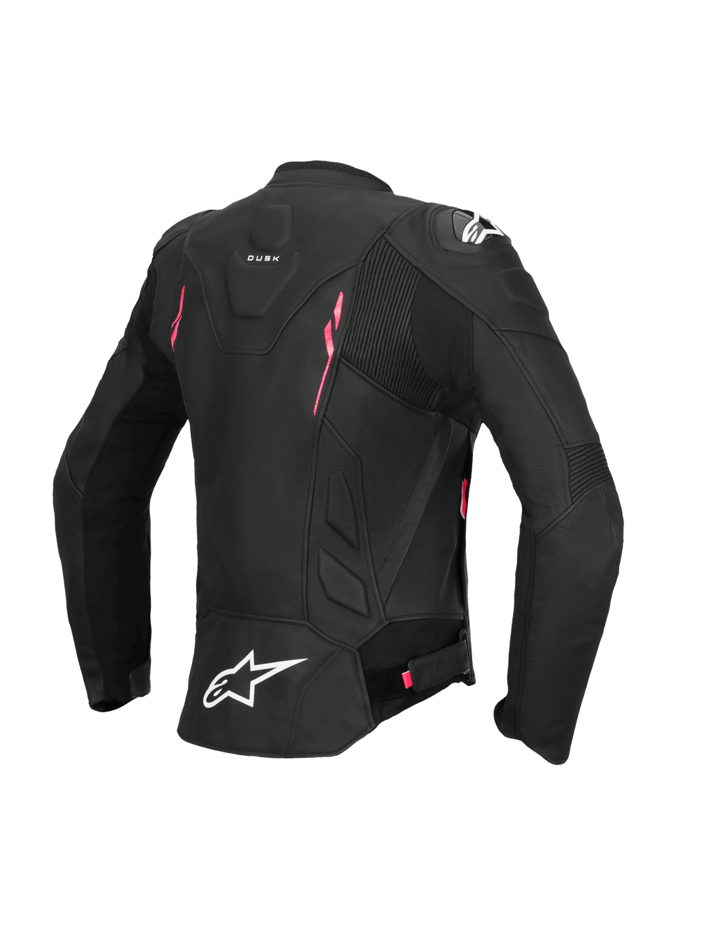 Alpinestars Giacca In Pelle Stella Dusk, giacca da moto in pelle per donna, nero con dettagli rosa e bianco, vista posteriore con costruzione in pelle certificata CE AA, inserti elasticizzati a fisarmonica e protezione spalla DFS esterna