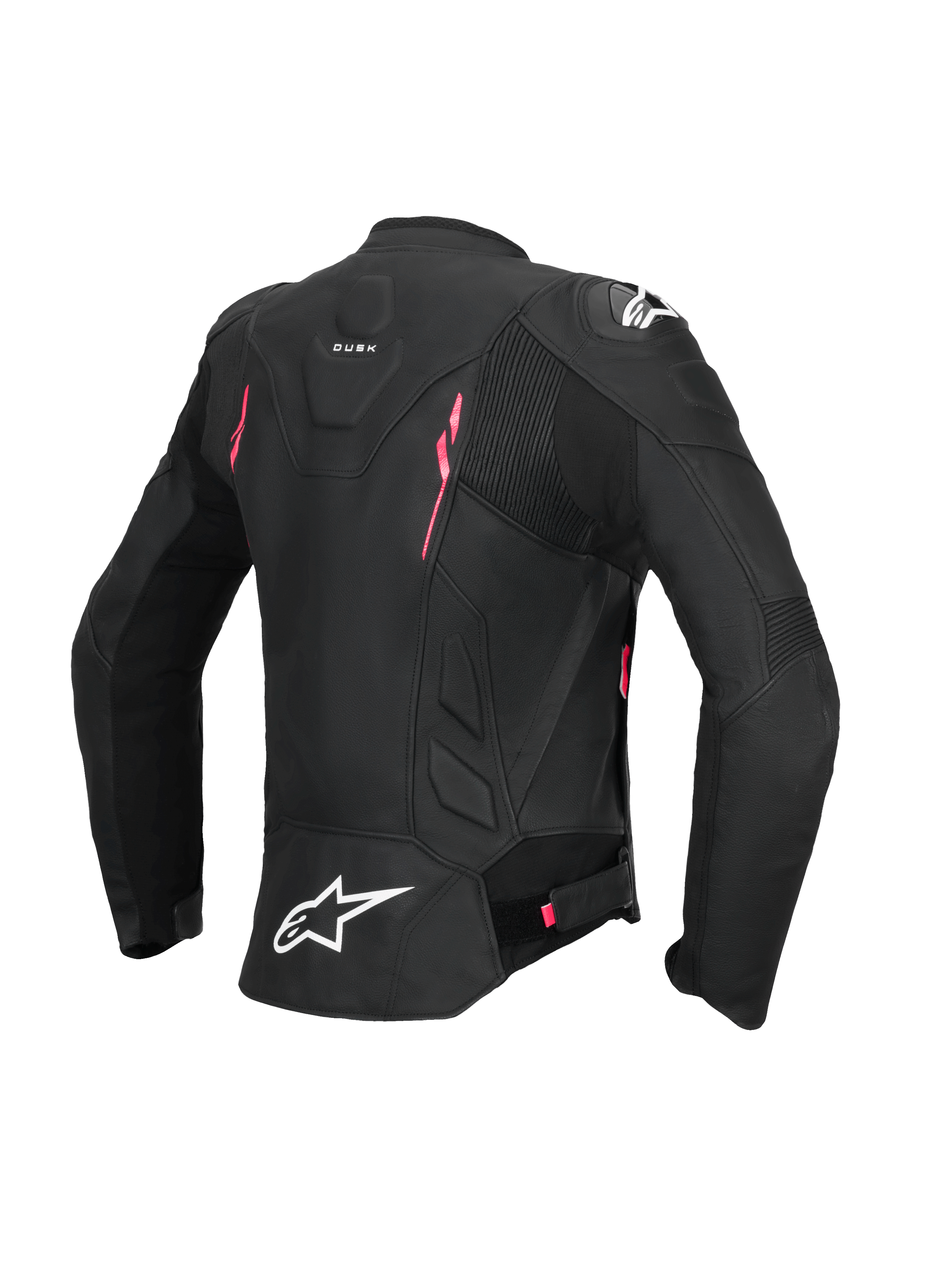 Alpinestars Giacca In Pelle Stella Dusk, giacca da moto in pelle per donna, nero con dettagli rosa e bianco, vista posteriore con costruzione in pelle certificata CE AA, inserti elasticizzati a fisarmonica e protezione spalla DFS esterna