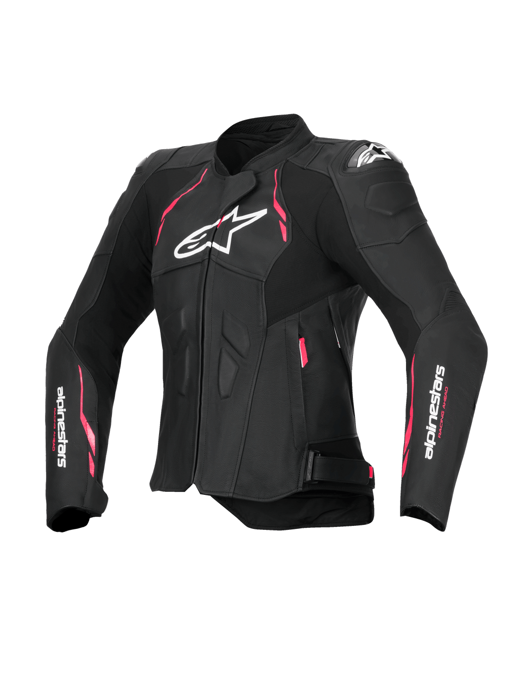 Alpinestars Giacca In Pelle Stella Dusk, giacca moto da donna in pelle nera con dettagli rosa e bianchi, certificata CE Classe AA con protezione spalla DFS