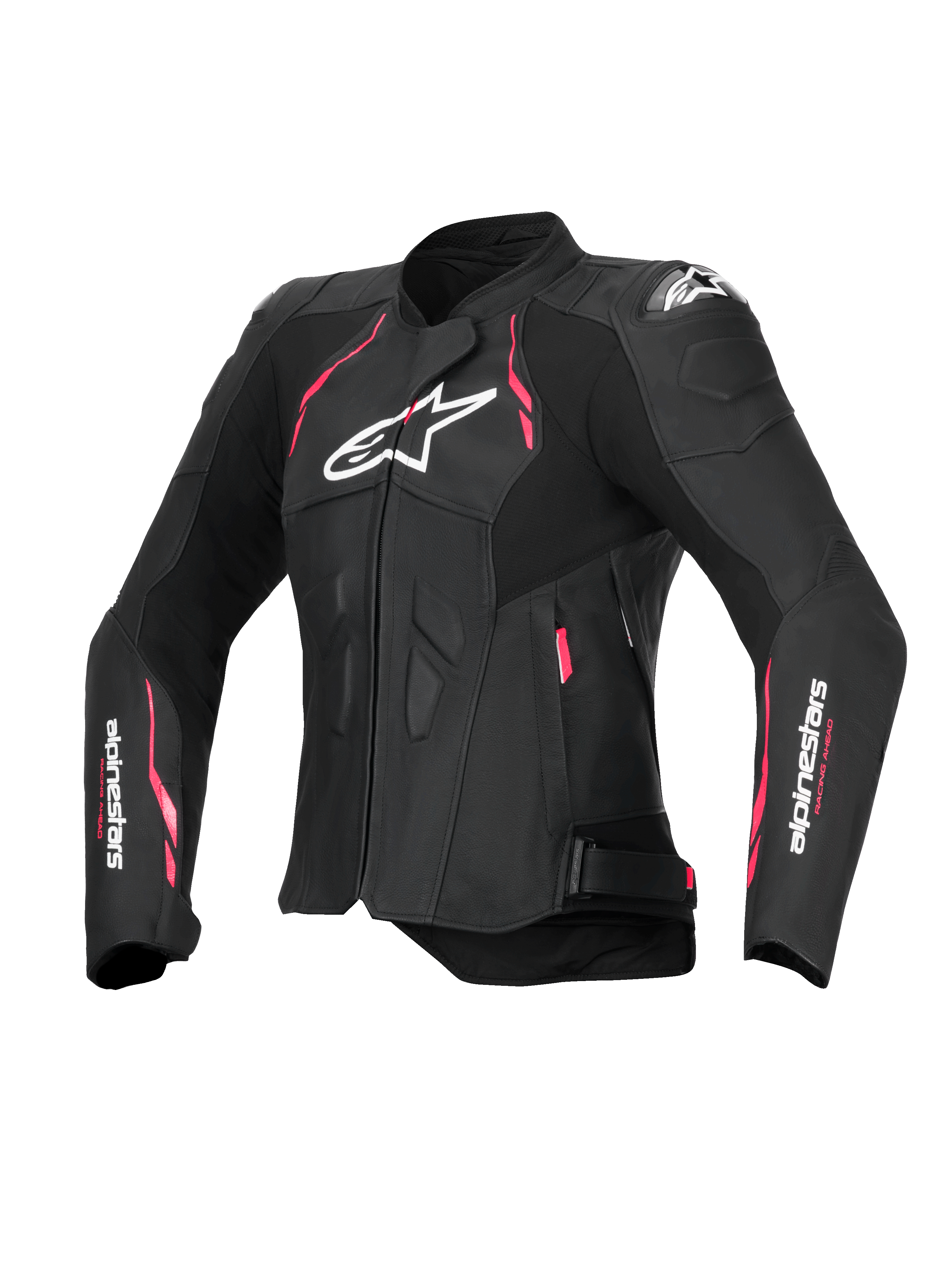 Alpinestars Giacca In Pelle Stella Dusk, giacca moto da donna in pelle nera con dettagli rosa e bianchi, certificata CE Classe AA con protezione spalla DFS