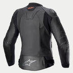 Giacca in pelle Alpinestars Stella GP Plus V4, giacca da moto in pelle da donna, nera, vista posteriore con pannelli elasticizzati e dettagli protettivi