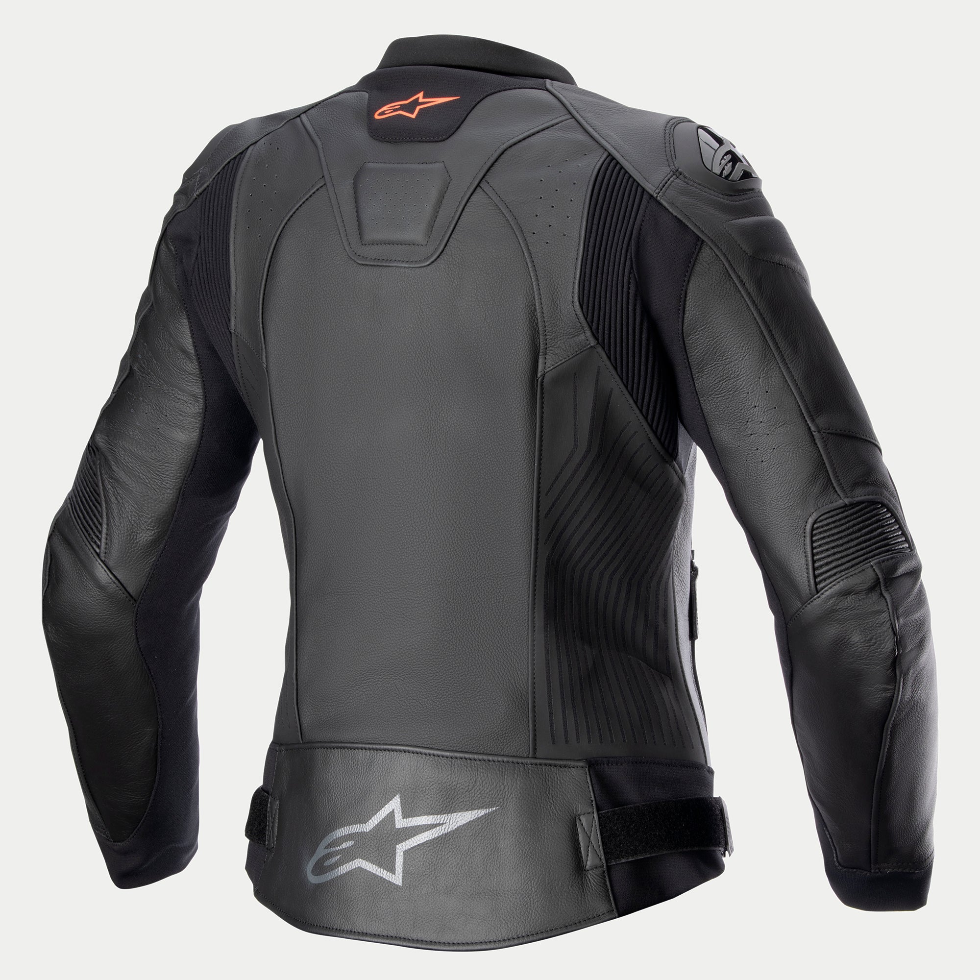 Giacca in pelle Alpinestars Stella GP Plus V4, giacca da moto in pelle da donna, nera, vista posteriore con pannelli elasticizzati e dettagli protettivi