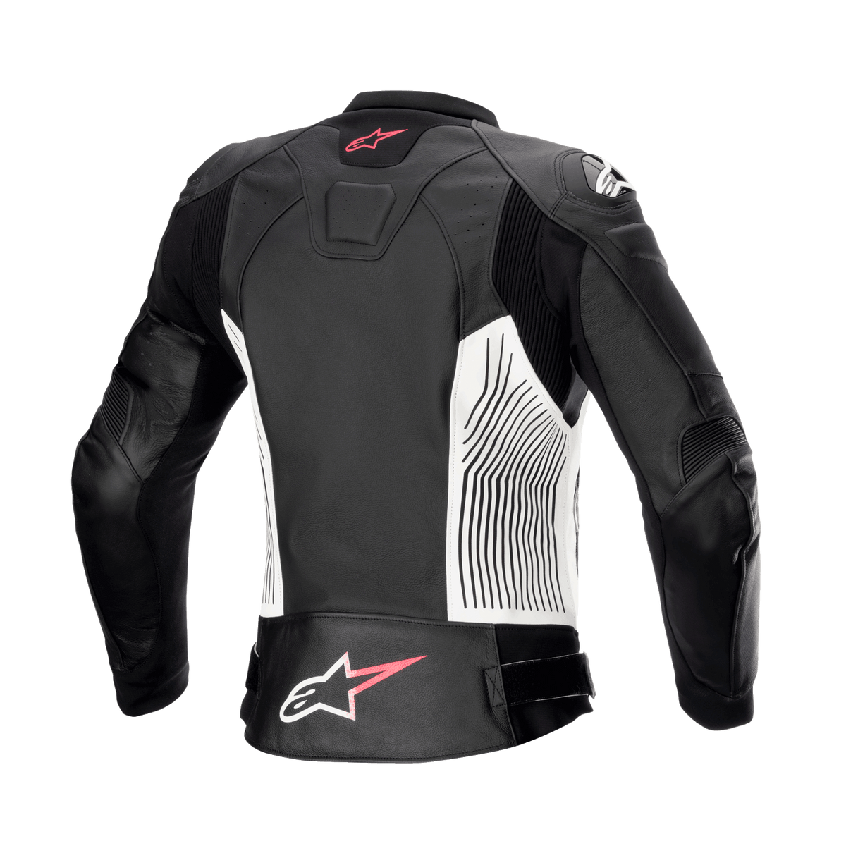 Giacca in pelle Alpinestars Stella GP Plus V4 da donna, nero, bianco e Diva Pink, vista posteriore, con pannelli laterali bianchi con linee grafiche nere, loghi Alpinestars rosa e bianchi sulla parte superiore e inferiore della schiena e pannelli in pelle a fisarmonica per una maggiore mobilità.